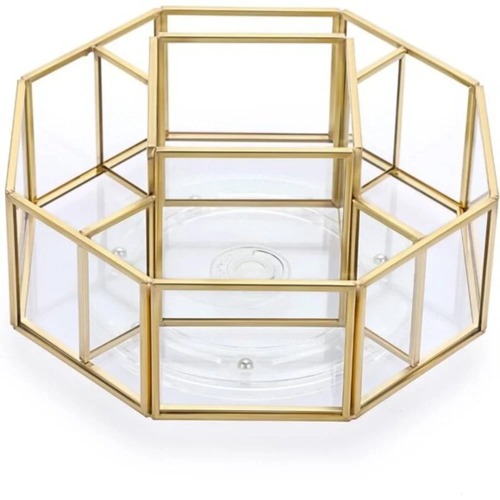 360° Rotating Glass Makeup Organizer, Gold 5-Slot Vanity Storage for Cosmetics